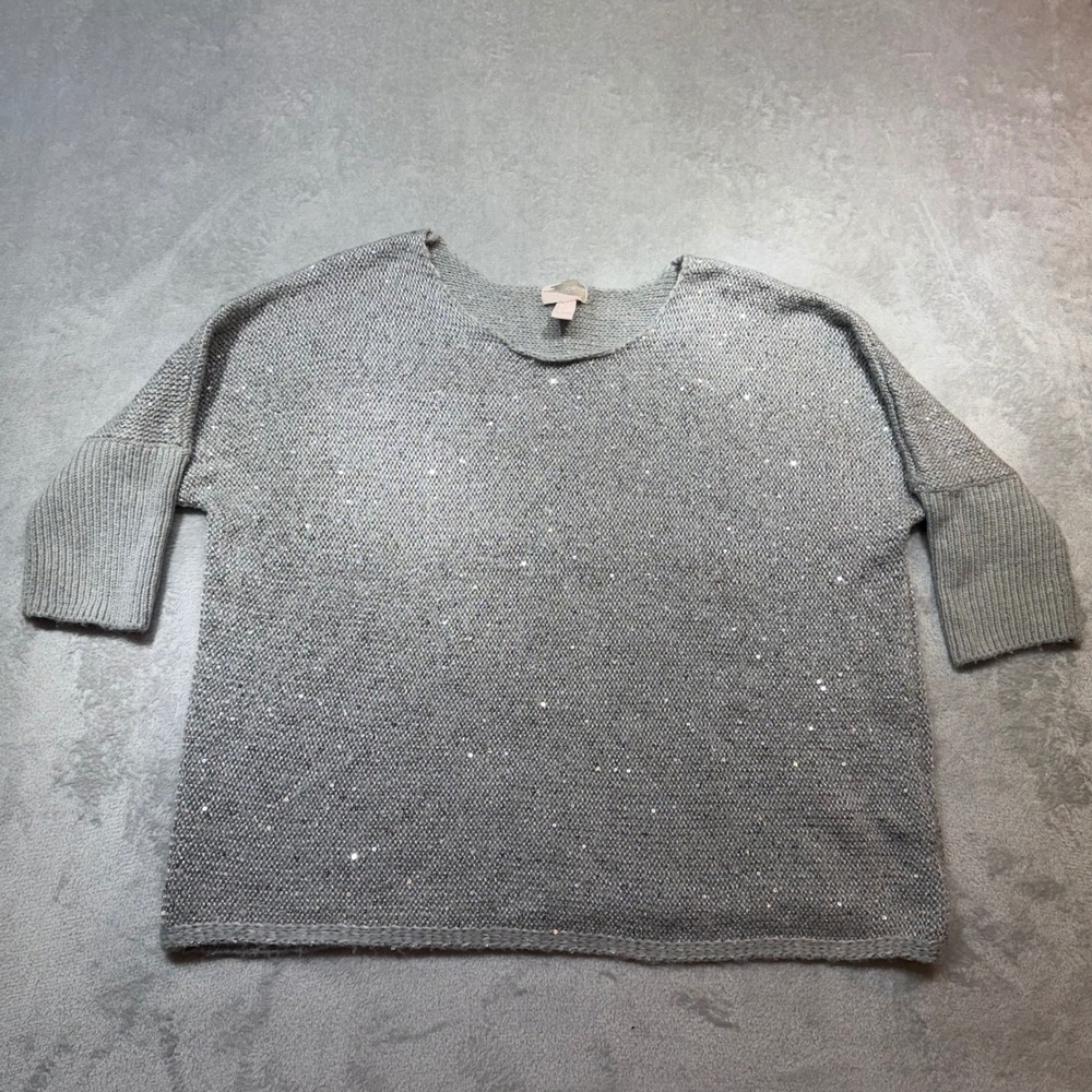 Silver Metallic Sequin Knit Sweater Gray Boxy 3/4 Sleeve Shimmer‎ Large ovrsix